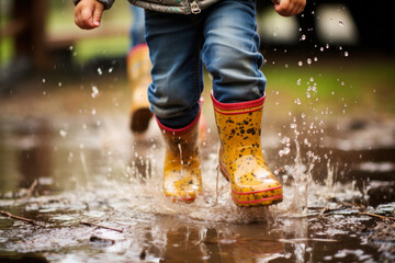 Child Splashing in Puddle with Yellow Boots. - obrazy, fototapety, plakaty