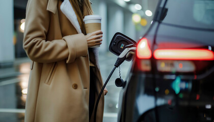 businesswoman holding cup of coffee while charging car at electric vehicle charging station, A woman in a coat is charging her electric car. The car is parked next to a black car - obrazy, fototapety, plakaty