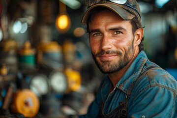 A smiling mechanic stands in a well-lit workshop, eyes friendly and inviting - obrazy, fototapety, plakaty
