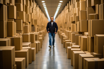 Man Standing in Warehouse Full of Boxes.