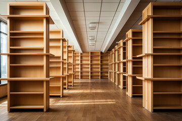 Obraz premium Empty Bookshelves in Bright Modern Library.