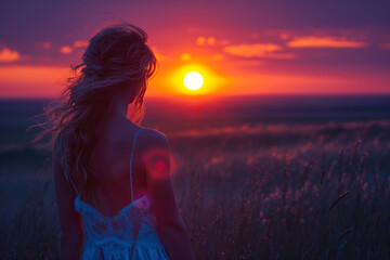 Woman Watching Sunset in Picturesque Field. - obrazy, fototapety, plakaty