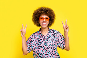 Photo of friendly sweet woman wear animal print shirt dark glasses showing two v-signs isolated yellow color background