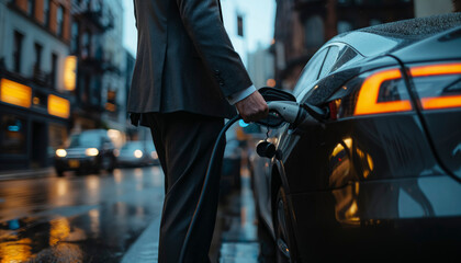 electric vehicle charging station, A Business man in a suit is filling up a car with electricity. The scene is set in a city with cars and buildings in the background. The man is standing in the rain - obrazy, fototapety, plakaty