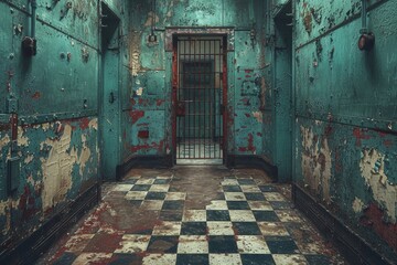 An eerie view of a deteriorated cellblock with peeling paint on metal walls and a checker pattern floor, suggesting desolation