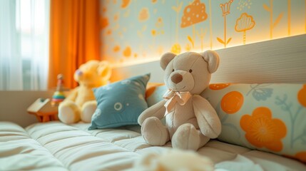 Cozy children's bedroom with plush toys - obrazy, fototapety, plakaty