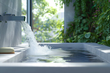 Luxurious Bathtub with Natural View and Running Water.