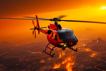Helicopter Over Wildfire at Sunset.