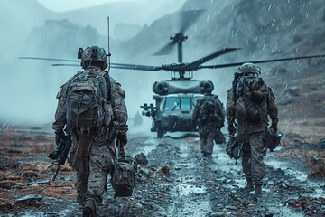 Rain pours down as soldiers march towards a helicopter, with one wielding a radio antenna