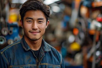 Confident young man with a pleasant smile, blurred backdrop of assorted workshop tools
