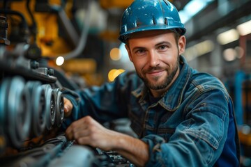 Smiling technician in a hardhat and overalls adjusts machinery in an industrial setting - obrazy, fototapety, plakaty