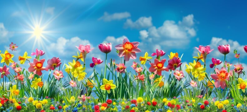 Colorful spring flowers in the sun with a blue sky background Spring flower border with daffodils and tulips An Easter day concept Generative AI