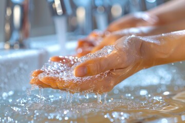 Close-up of hands being washed with soap under running tap, focusing on hygiene and health - obrazy, fototapety, plakaty