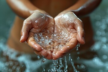 Fototapeta premium Calm image of brown hands holding water showing simplicity and the essence of life with a focus on wellbeing