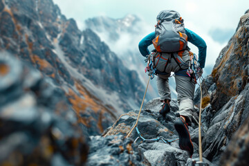 Mountain Climber Ascending Rocky Slope. - obrazy, fototapety, plakaty