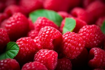 Fresh red raspberries background - healthy diet concept with delicious sweet berries arrangement