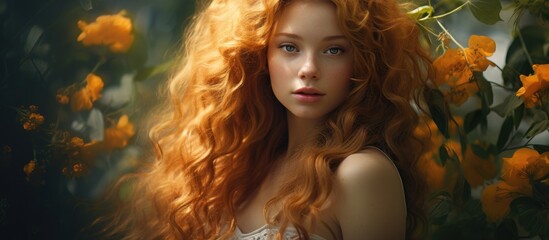 A woman with red hair, long flowing hair, and blue eyes is positioned in front of a backdrop of bright yellow flowers