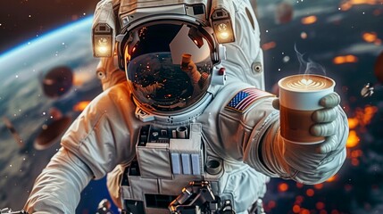 Astronaut Offering a Cup of Cosmic Coffee. Generative ai