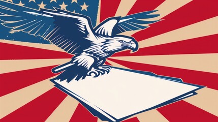 United States of America USA national presidential election day illustration, nation flag with stars and stripes in background, bald eagle with voting paper and ballot box, blue red and white design.