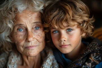 An elderly woman and young boy gaze earnestly into the camera, their resemblance striking - obrazy, fototapety, plakaty