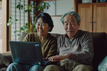 Obraz premium An elderly Asian couple happily enjoys their time together at home, engaging with digital devices like a laptop and tablet, reflecting their modern lifestyle and affectionate relationship