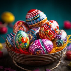 Fototapeta premium Decorated easter eggs in a basket with colorful happy colors
