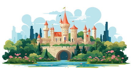 A fantasy castle surrounded by a moat - obrazy, fototapety, plakaty