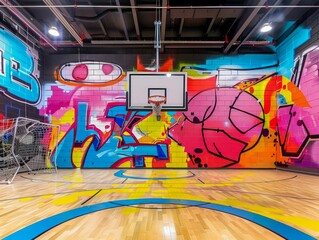 Urban Basketball Court Revived with Vivid Graffiti Art. Generative ai