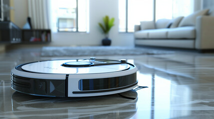 Modern Robotic Vacuum Cleaner Gliding on Glossy Tile Floor in a Spacious Apartment