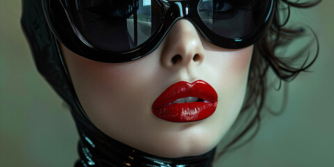 futuristic woman dressed in dark latex with black eye mask - obrazy, fototapety, plakaty