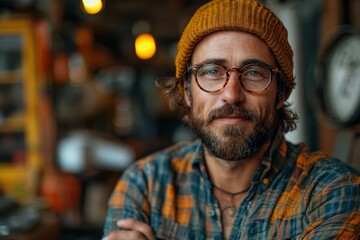 A stylish, bearded man wearing a beanie and glasses poses confidently in a workshop, radiating urban charm - obrazy, fototapety, plakaty