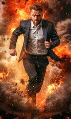 Man Escaping from Explosive Danger. Generative ai