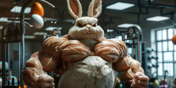bodybuilder easter bunny in gym 