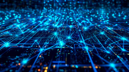 Obraz premium A blue background filled with numerous intersecting lines and dots creating a dynamic visual pattern. Artificial Intelligence. AI. Data transmission. Big data. Virtual reality. Banner. Copy space