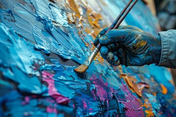 A vivid capture of an artist's hand using a brush to add bold pigments to a textured canvas,...