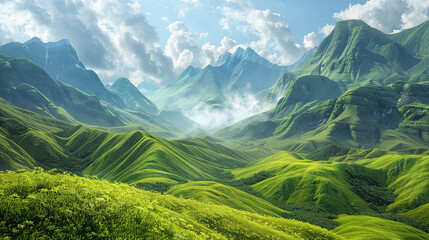 A breathtaking vista of lush green meadows nestled amidst majestic mountain peaks. The verdant fields stretch out as far as the eye can see,  - obrazy, fototapety, plakaty