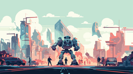 A futuristic cityscape with giant robots patrolling - obrazy, fototapety, plakaty
