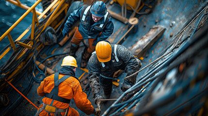 Workers in high-visibility gear engage in a coordinated effort on an offshore platform, a testament to the teamwork essential in the demanding oil industry.