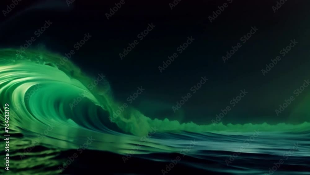 Poster dark green wave animated abstract background with smoke and light text.