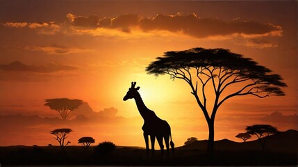 Fototapeta na wymiar silhouette of a giraffe in the savannah at sunset, giraffe at sunset