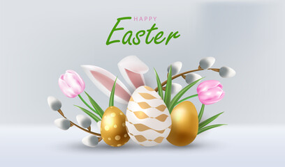 Happy Easter card vector with eggs and flowers. Holiday banner with bunny ears, catkins and flower background.
- 764212144