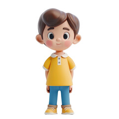 A cartoon boy in a yellow shirt and blue pants is standing on a white background