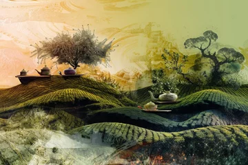 Schilderijen op glas A painting depicting a landscape filled with teapots and trees, A surrealist landscape featuring various Chinese tea varieties, AI Generated © Iftikhar alam