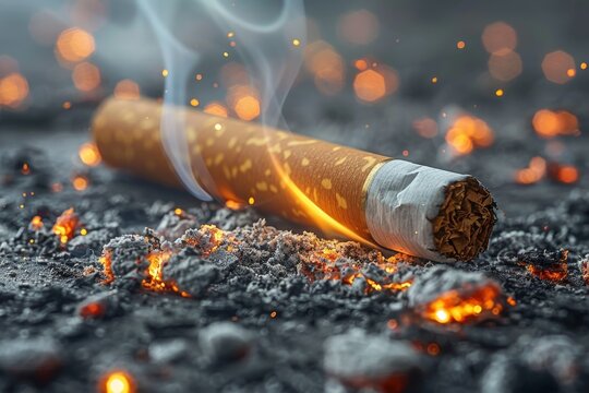 Detailed image of a lit cigarette, smoke rising with ash and embers, symbolizing addiction and health risks