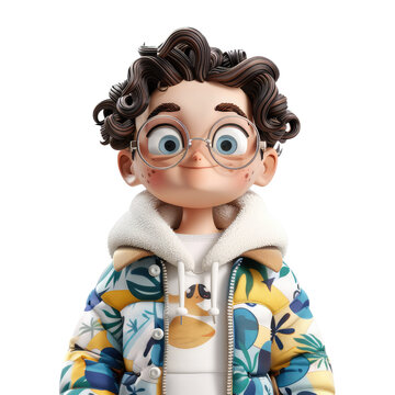 A cartoon boy with glasses and a blue and yellow jacket