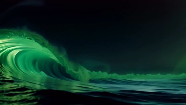 Dark green wave animated abstract background with smoke and light text.