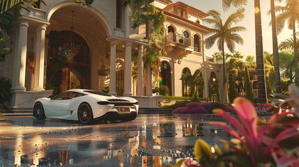 A captivating scene depicted in a realistic illustration, showcasing a pristine white car parked in...