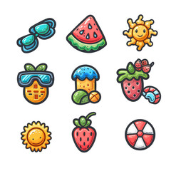 Fototapeta premium Collection of summer tourism and holiday symbols with drinks, sun and vegetation. Summer holiday accessories. Concept: vacations and entertainment, objects clipart