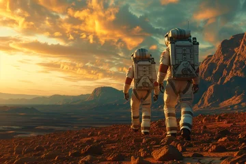 Fotobehang Two astronauts in full gear walking across a barren extraterrestrial landscape during golden hour © Jelena