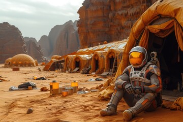 An astronaut seated in contemplation outside a temporary habitat setup on a Mars-like environment - obrazy, fototapety, plakaty